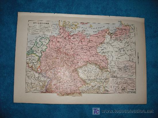 Contemporary maps: 1890 ANTIGUO MAPA EN COLOR DE ALEMANIA. Grabados en cara posterior.