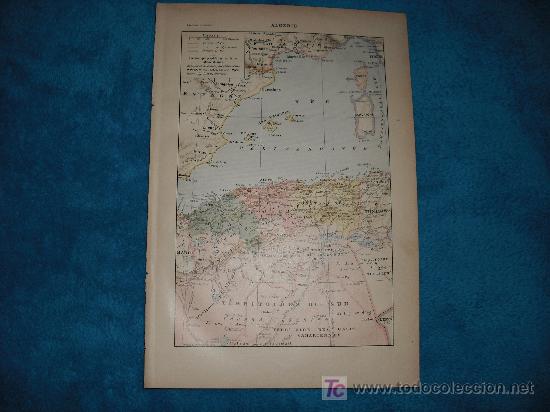 Contemporary maps: 1890 ANTIGUO MAPA EN COLOR DE ARGELIA. BALEARES, ESPA&Ntilde;A, ORAN, TUNEZ. GRABADOS