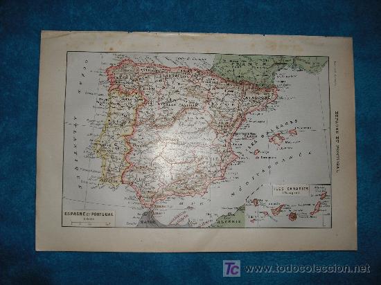 Mapas contempor&acirc;neos: 1890 ANTIGUO MAPA EN COLOR DE ESPA&Ntilde;A Y PORTUGAL. GRABADOS EN CARA POSTERIOR