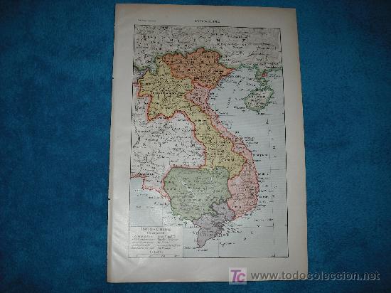 Mappe contemporanee: 1890 ANTIGUO MAPA DE INDO-CHINA FRANCESA (SUDESTE ASIATICO). GRABADOS EN CARA POSTERIOR