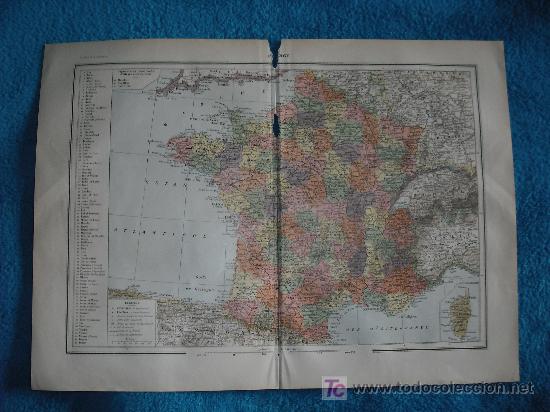 Mapas contempor&aacute;neos: 1890 ANTIGUO MAPA DE FRANCIA EN COLOR.