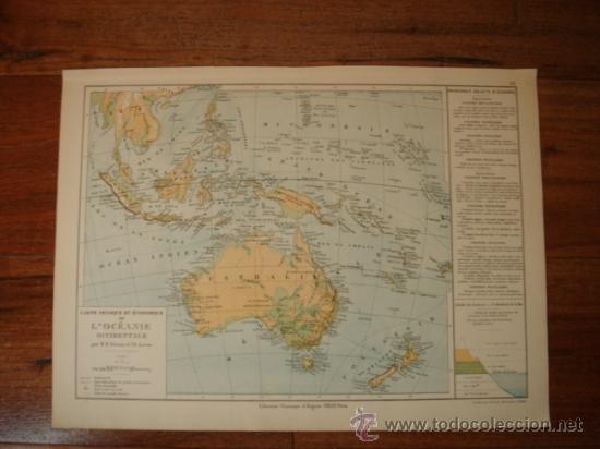 Mapas contempor&aacute;neos: MAPA F&Iacute;SICO Y ECON&Oacute;MICO DE OCEANIA, INCLUYE COLONIAS ESPA&Ntilde;OLAS, ORIGINAL, DRIOUX , 1887, PERFECTO