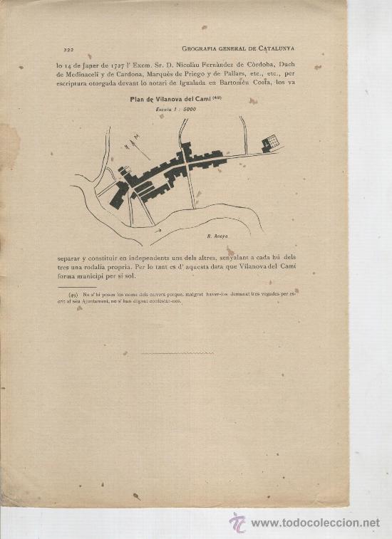 Mapas contempor&acirc;neos: FULLA SOLA. ANY 1913. RESUM HISTORIC DE VILANOVA DEL CAMI. SEGELL MUNICIPAL I MAPA.