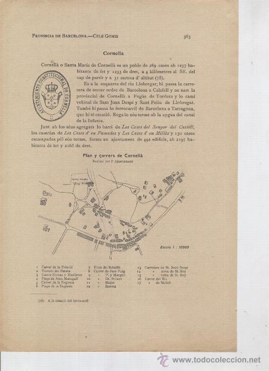 Mapas contempor&aacute;neos: PAGINA SOLA. ANY 1913. RESUM HISTORIC DE CORNELLA. SEGELL MUNICIPAL. MAPA.