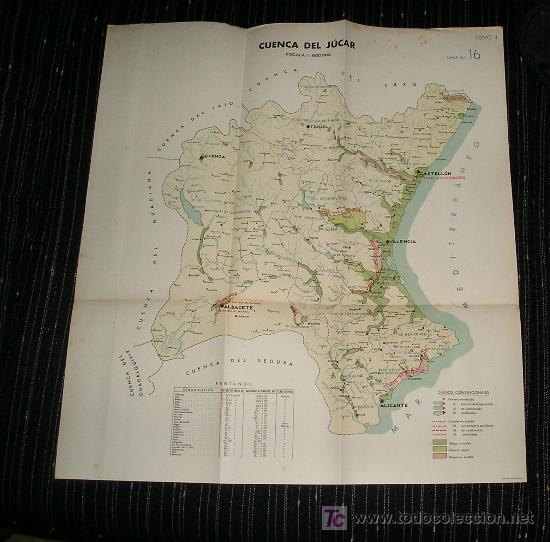 Zeitgen&ouml;ssische Karten: MAPA HIDROLOGICO CUENCA DEL JUCAR. COLOR. FORMATO 48X45 CM. CIRCA 1950
