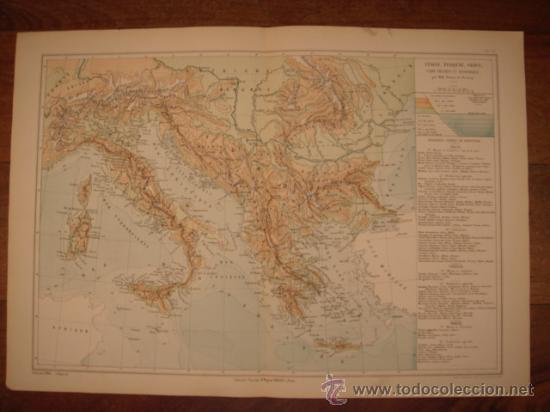 Mapas contempor&acirc;neos: MAPA F&Iacute;SICO Y ECON&Oacute;MICO DE ITALIA, TURQUIA Y GRECIA, ORIGINAL, DRIOUX , 1887, PERFECTO