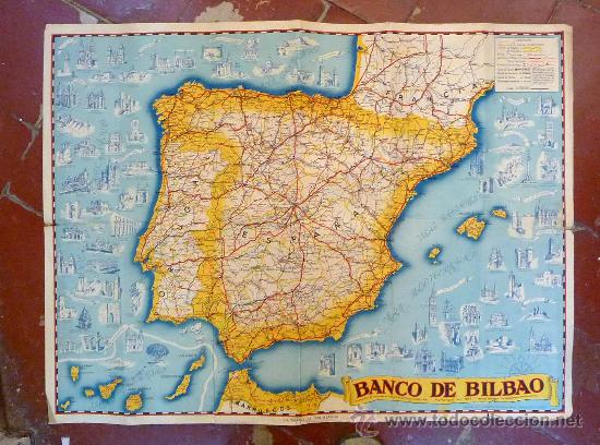 Mapas contempor&aacute;neos: ANTIGUO MAPA, RED DE SUCURSALES, BANCO DE BILBAO, ESPA&Ntilde;A, PORTUGAL, MARRUECOS, 84X64 CM.