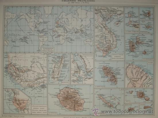 Mapas contempor&aacute;neos: MAPA DE LAS COLONIAS FRANCESAS EN EL &Uacute;LTIMO TERCIO DEL XIX , ORIGINAL, DRIOUX , 1887, PERFECTO