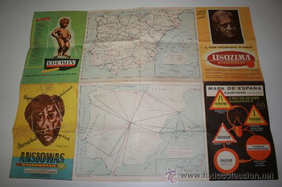 Mapas contempor&acirc;neos: Mapa de Espa&ntilde;a con publicidad de medicamentos. A&ntilde;o 1960