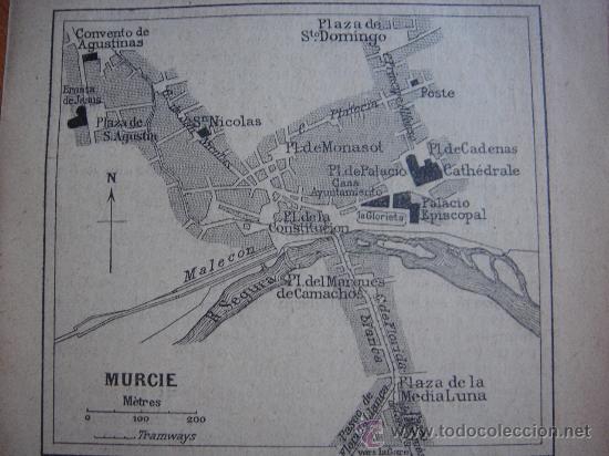 Mapas contempor&acirc;neos: INTERESANTE PLANO CIUDAD MURCIA,  ORIGINAL,PARIS, JOANNE, 1909,