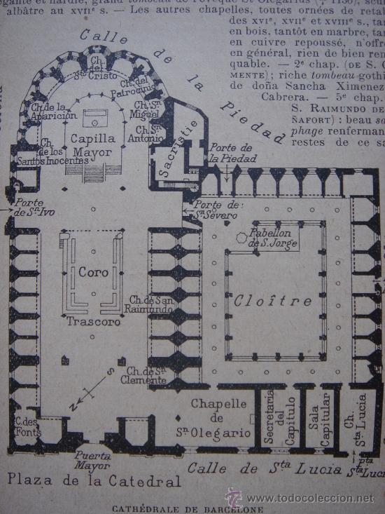 Mapas contempor&acirc;neos: INTERESANTE PLANO PLANTA CATEDRAL DE BARCELONA, ORIGINAL,PARIS, JOANNE, 1909,