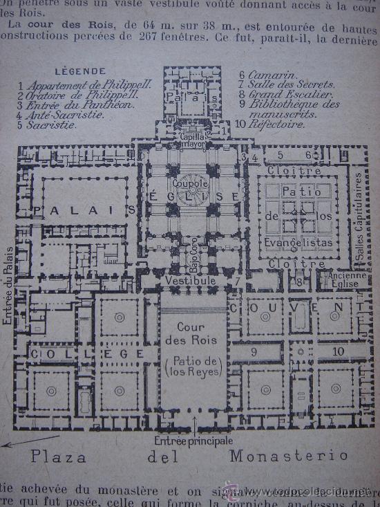 Mapas contempor&acirc;neos: INTERESANTE PLANO PLANTA DEL MONASTERIO DEL ESCORIAL, ORIGINAL,PARIS, JOANNE, 1909,
