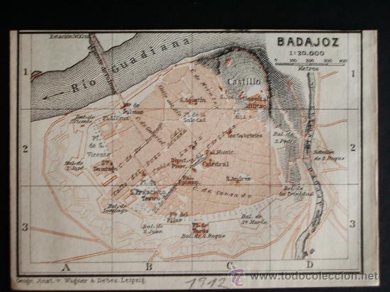 Mapas contempor&aacute;neos: 1912- BADAJOZ Y M&Eacute;RIDA. DOS MAPAS. BAEDEKER. ORIGINALES - Foto 1