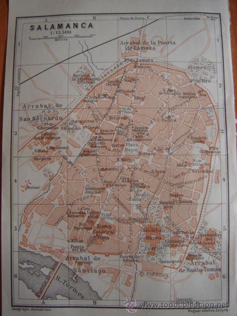 Zeitgen&ouml;ssische Karten: DOCUMENTADO PLANO CIUDAD DE SALAMANCA, CASTILLA LE&Oacute;N,ORIGINAL,LEIPZIG, BAEDEKER, 1908,