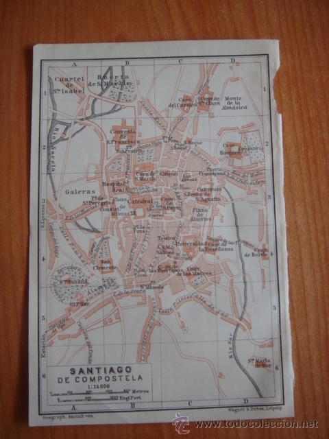 Zeitgen&ouml;ssische Karten: DOCUMENTADO PLANO CIUDAD SANTIAGO DE COMPOSTELA, GALICIA,ORIGINAL, LEIPZIG,BAEDEKER,1908,