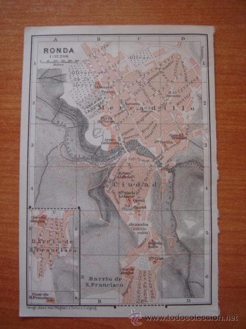 Zeitgen&ouml;ssische Karten: DOCUMENTADO PLANO CIUDAD RONDA, ANDALUC&Iacute;A,ORIGINAL, LEIPZIG,BAEDEKER,1908,