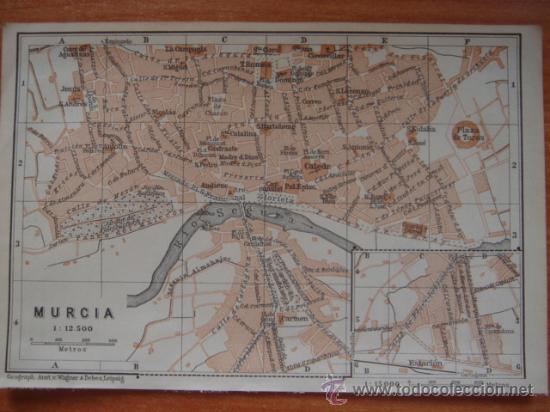 Zeitgen&ouml;ssische Karten: DOCUMENTADO PLANO CIUDAD MURCIA,ORIGINAL, LEIPZIG,BAEDEKER,1908,