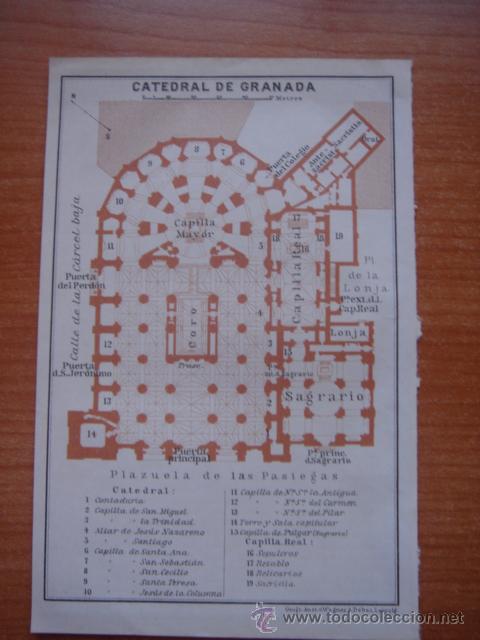 Zeitgen&ouml;ssische Karten: PLANTA DE LA CATEDRAL DE GRANADA, ANDALUC&Iacute;A, ORIGINAL,LEIPZIG, BAEDEKER, 1908,