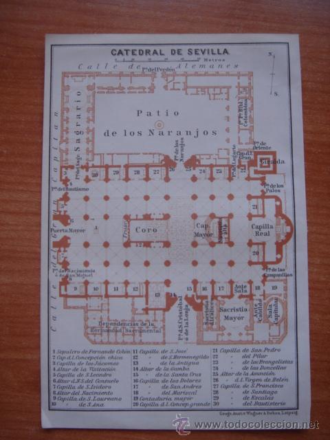 Zeitgen&ouml;ssische Karten: PLANTA DE LA CATEDRAL DE SEVILLA, ANDALUC&Iacute;A, ORIGINAL,LEIPZIG, BAEDEKER, 1908,