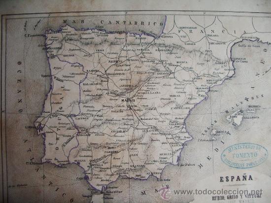 Mapas contempor&aacute;neos: 1868-MAPA DE ESPA&Ntilde;A. ATLAS GEOGR&Aacute;FICO DE ESPA&Ntilde;A.RUBIO, GRILO Y VITTURI.ORIGINAL