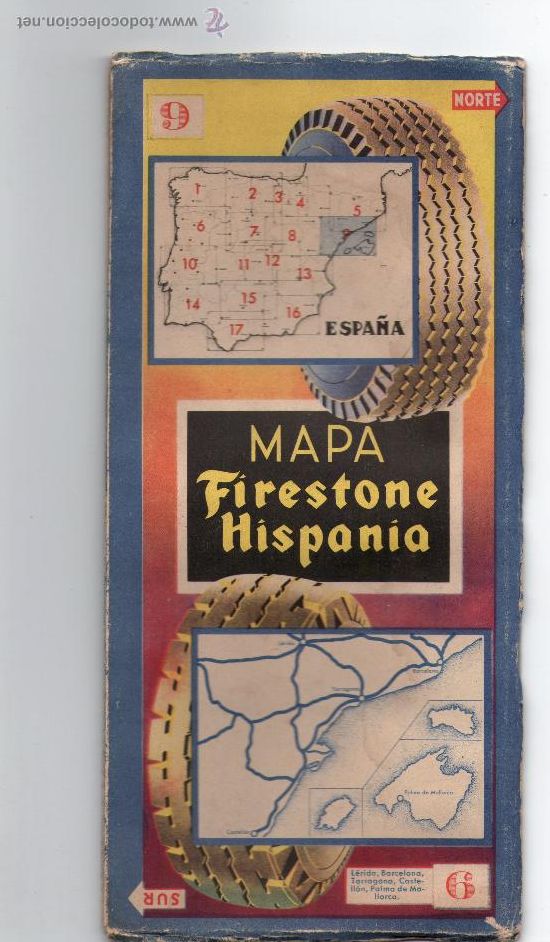 Mapas contempor&acirc;neos: MAPA FIRESTONE HISPANIA - N&ordm; 9 - L&Eacute;RIDA, BARCELONA, TARRAGONA, CASTELL&Oacute;N, MALLORCA - A&Ntilde;O 1941.