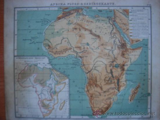 Mapas contempor&aacute;neos: MAPA F&Iacute;SICO &Aacute;FRICA ,FINALES XIX, ORIGINAL, DEBES&acute;,1888, . EL MUNDO EN 1888