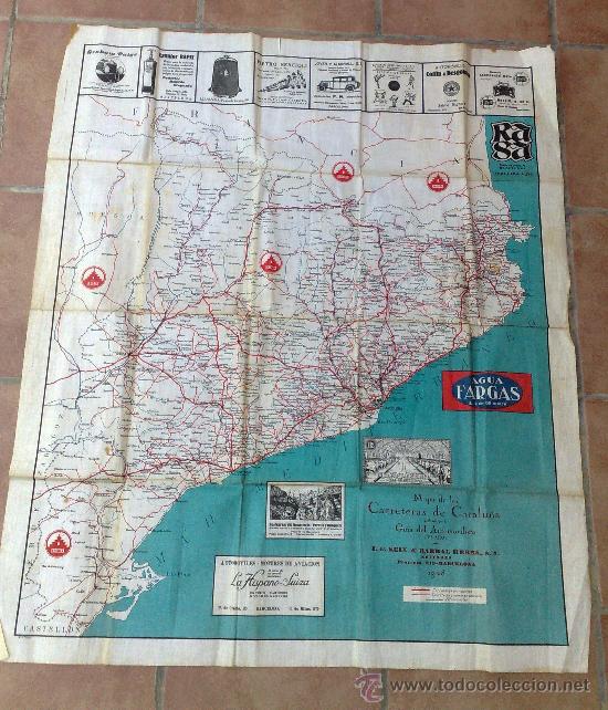 Mapas contempor&acirc;neos: ANTIGUO MAPA DE TELA DE LAS CARRETERAS DE CATALU&Ntilde;A A&Ntilde;O 1928 GUIA DEL AUTOMOVILISTA