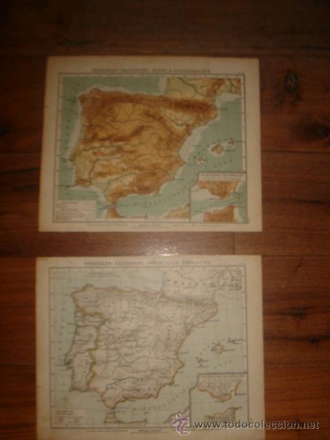 Mapas contempor&aacute;neos: 2 MAPAS DE ESPA&Ntilde;A, F&Iacute;SICO Y POLITICO, ORIGINAL,DEBES&acute;1888,.EL MUNDO EN1888