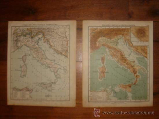 Mapas contempor&aacute;neos: 2 MAPAS DE ITALIA, F&Iacute;SICO Y POLITICO, ORIGINAL,DEBES&acute;1888,.EL MUNDO EN1888