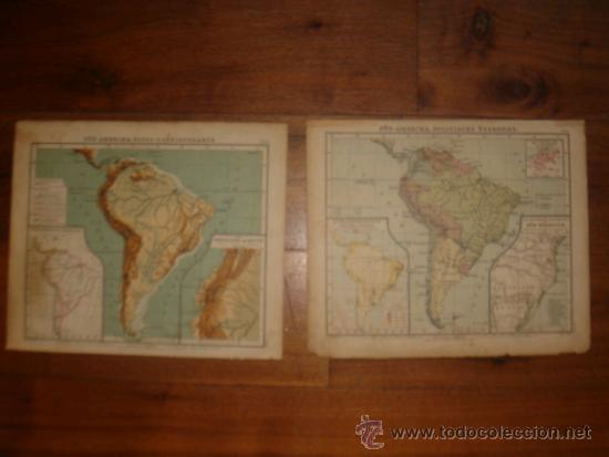 Mapas contempor&aacute;neos: 2 MAPAS DE SUDAMERICA, F&Iacute;SICO Y POLITICO, ORIGINAL,DEBES&acute;1888,.EL MUNDO EN1888