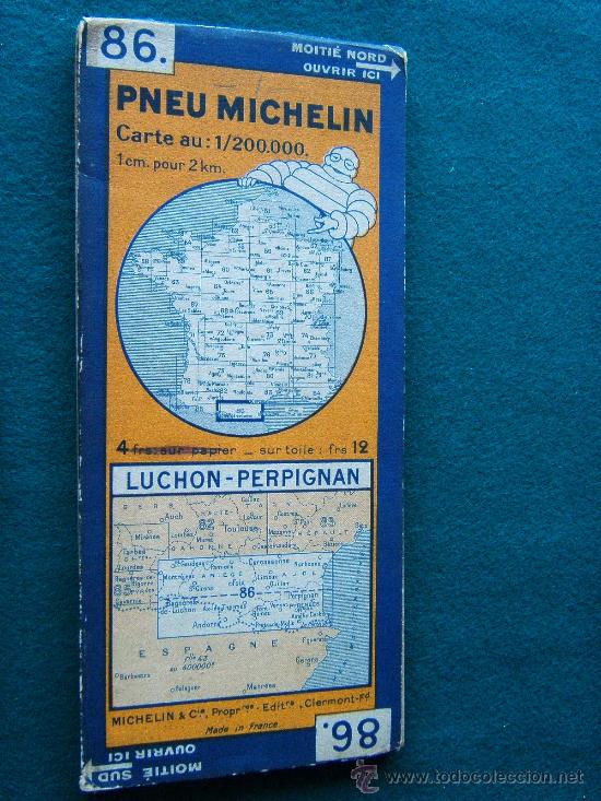 Zeitgen&ouml;ssische Karten: FRANCIA - LUCHON - PERPIGNAN - MICHELIN N&ordm; 86 - EN COLOR ESCALA 1:200.000 - 113x50 CM - 1920/1930 ?