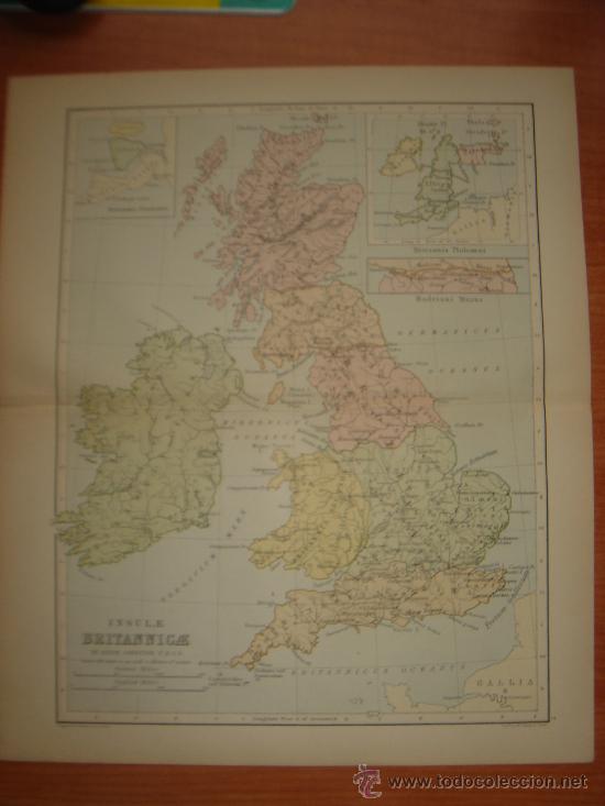 Mapas contempor&acirc;neos: MAPA DE LAS ISLAS BRIT&Aacute;NICAS EN TIEMPOS ANTIGUOS,  BOSTON, 1886,ORIGINAL, ESPL&Eacute;NDIDO