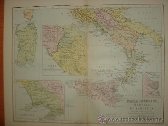 Mapas contempor&acirc;neos: MAPA DEL SUR DE ITALIA, ITALIA INFERIOR... BOSTON, 1886,ORIGINAL, ESPL&Eacute;NDIDO