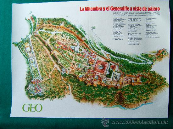 Zeitgen&ouml;ssische Karten: LA ALHAMBRA Y EL GENERALIFE A VISTA DE PAJARO - REVISTA GEO - J. M&ordf; PONCE - 39X53 CM. - A&Ntilde;OS 1990 ?