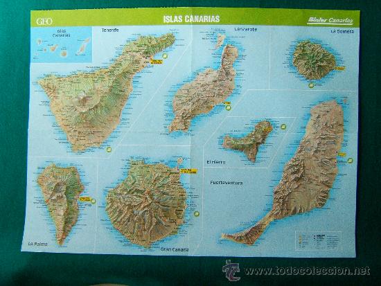 Mapas contempor&aacute;neos: ISLAS CANARIAS - REVISTA GEO - BINTER CANARIAS - MAPA 39X53 CM.- A&Ntilde;OS 1990 ?