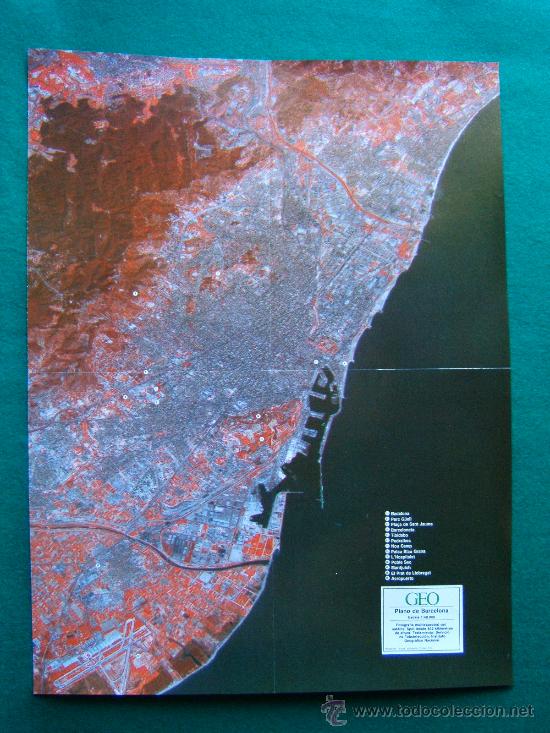 Zeitgen&ouml;ssische Karten: PLANO DE BARCELONA - FOTOGRAFIA MULTIESPECTRAL DE SATELITE - REVISTA GEO - MAPA 52X39 - A&Ntilde;OS 1980 ?