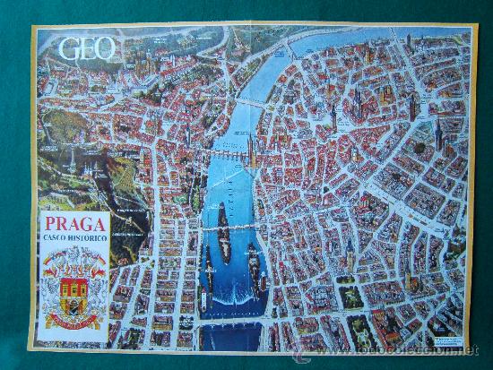 Mapas contempor&aacute;neos: PRAGA - CASCO HISTORICO - REVISTA GEO - PLANO ALZADO 39X53 CM- HISTORIA DE LA CIUDAD- A&Ntilde;O 1999.