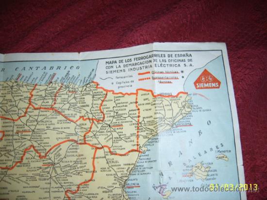 Mapas contemporáneos: MAPA DE LOS FERROCARRILES DE ESPAÑA CON DEMARCACIÓN DE LAS OFICINAS SIEMENS.AÑOS 30. - Foto 5 - 312373758