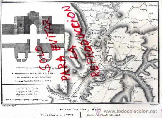 Mapas contempor&acirc;neos: LERIDA  PUERTA DE LOS BOTES PLANO Y MAPA  GRABADO 1808  26 X 17 cm.