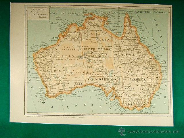 Mapas contempor&aacute;neos: AUSTRALIA-GALES DEL SUR-QUEENSLAND-FISICA-POLITICA-REVERSO INDIGENAS FLORA FAUNA-206-SEGUI-1910...