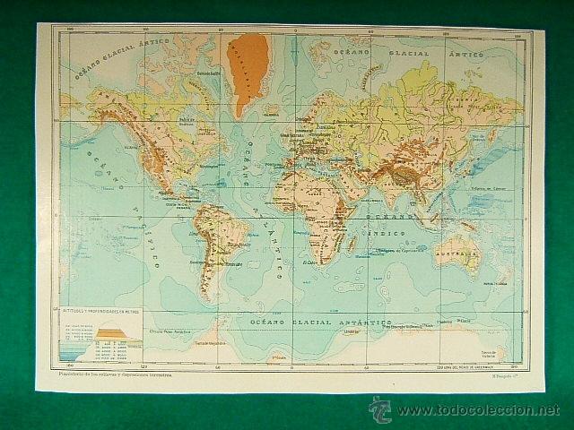 Mapas contempor&aacute;neos: PLANISFERIO TERRESTRE-ALTITUDES PROFUNDIDADES DEPRESIONES-AMERICA-ASIA-EUROPA-AFRICA-240-SEGUI-1910.