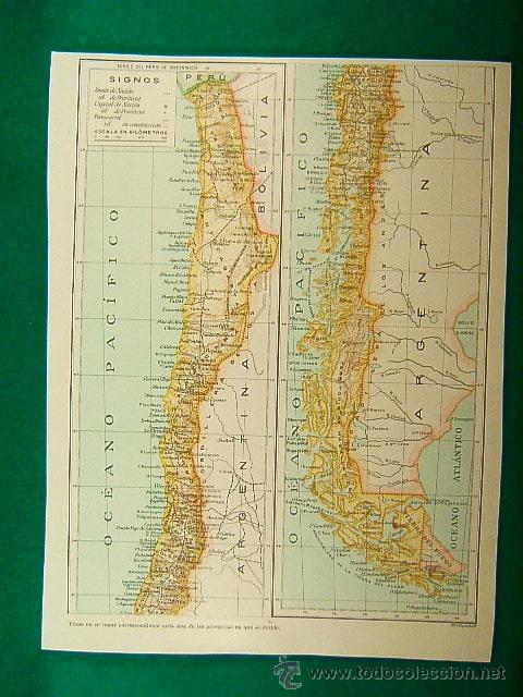 Zeitgen&ouml;ssische Karten: REPUBLICA DE CHILE-FISICO POLITICO-EN REVERSO MONEDAS ESCUDOS BANDERAS Y MILITARES-254-SEGUI-1910...