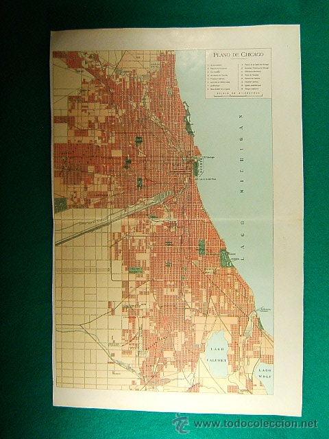 Zeitgen&ouml;ssische Karten: PLANO DE CHICAGO-SECOND WINDY CITY-ILLINOIS-COOK-MICHIGAN-EE.UU.-U.S.A.-REVERSO 14 FOTOS-26-MAP...