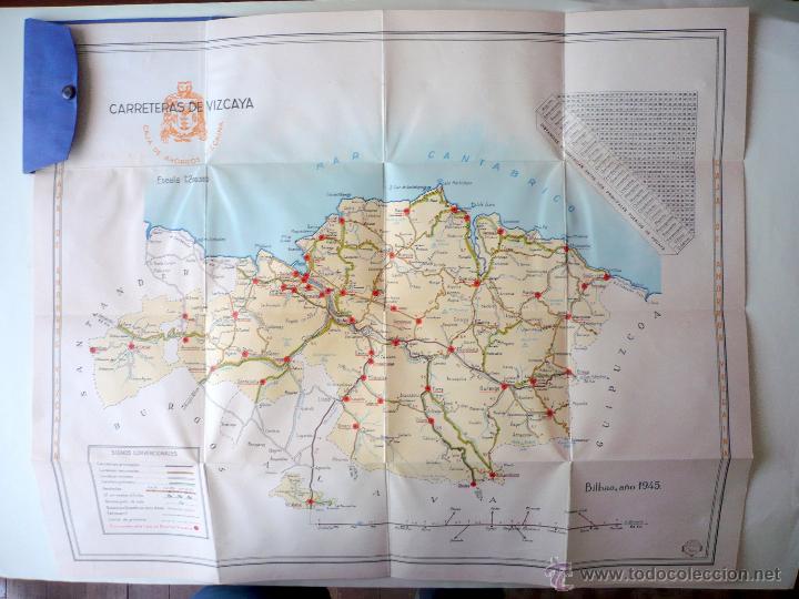 Zeitgen&ouml;ssische Karten: MAPA EN COLOR -57X47- CARRETERAS DE VIZCAYA- 1945 PLEGADO EN ESTUCHE DE TELA