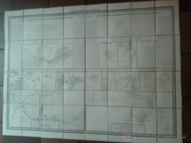 Mappe contemporanee: Posesiones de Africa por Coelllo 112 x 84 cm entelado.Grabado Juan Noguera. Atlas de Espa&ntilde;a