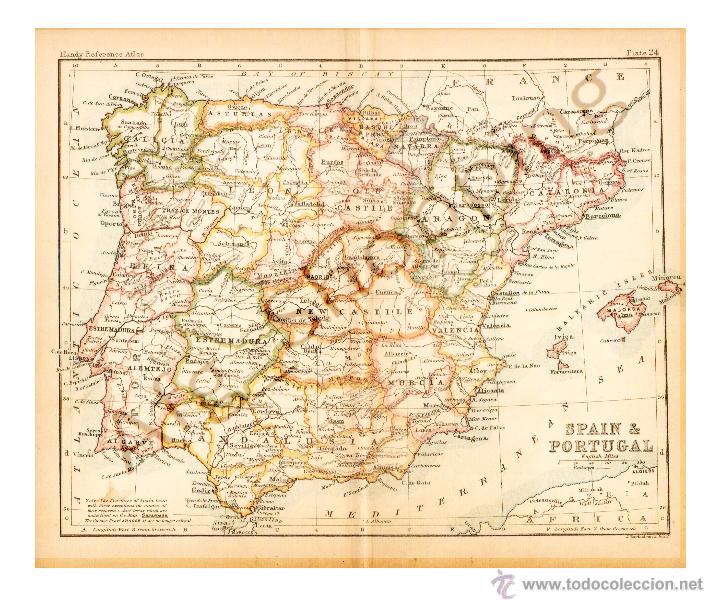 Mapas contempor&acirc;neos: SPAIN & PORTUGAL - MAP edited in the 19th century BY J.Bartholomew, Edin.r