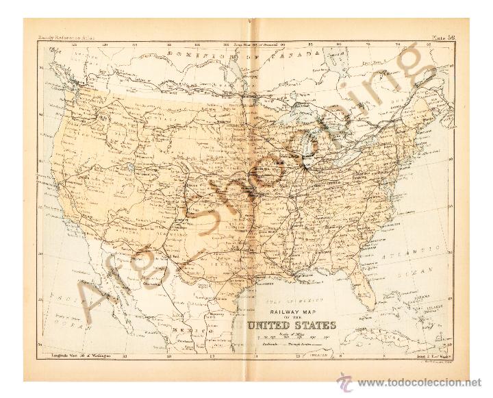 Mapas contempor&acirc;neos: RAILWAY MAP OF THE UNITED STATES - MAP edited in the 19th century BY J.Bartholomew, Edin.r