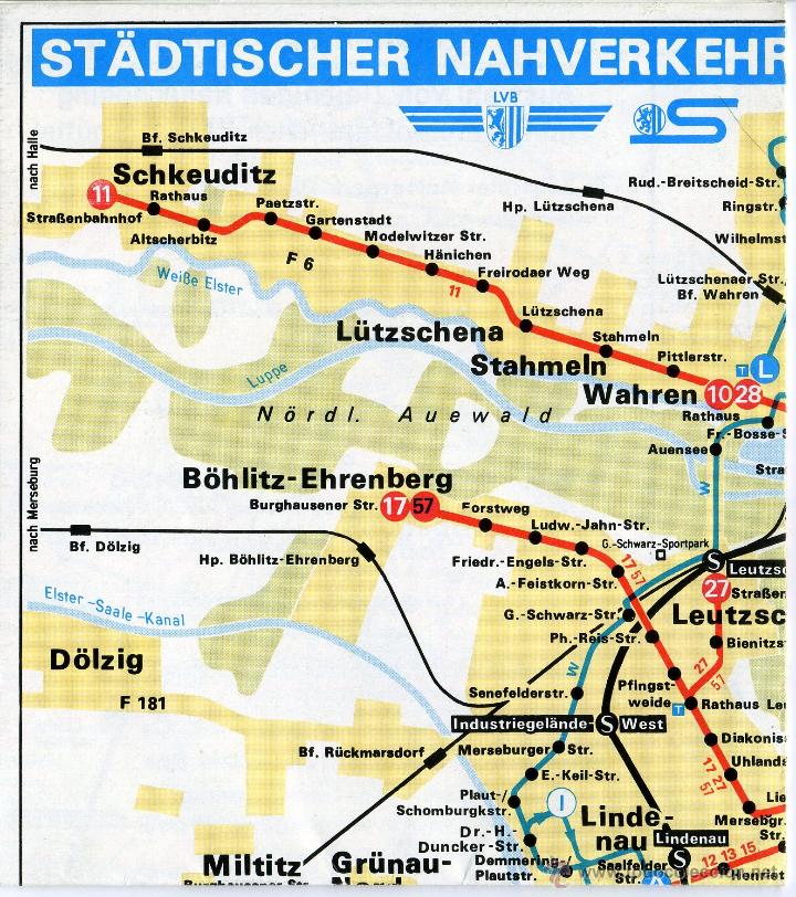Contemporary maps: mapa desplegable 1989 - leipzig deutschland alemania - LVB - TRANSPORTE TREN AUTOBUS