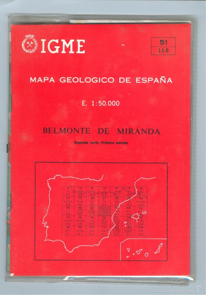 Mapas contempor&acirc;neos: Mapa y libro geol&oacute;gico de Belmonte de Miranda (Asturias)...mide 97 X 70 cms...Del IGME 1977