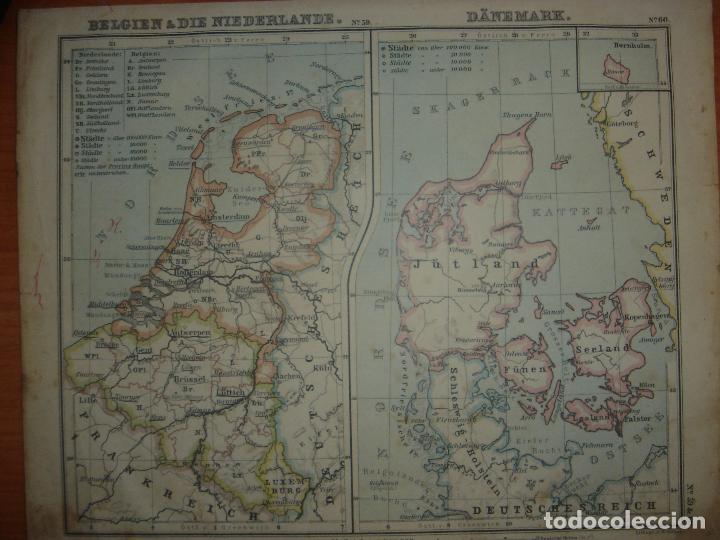 Mapas contempor&aacute;neos: MAPA DE B&Eacute;LGICA, HOLANDA Y DINAMARCA, ORIGINAL,DEBES&acute; 1888. EL MUNDO EN 1888